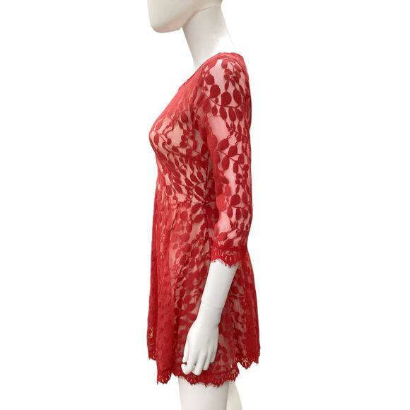 Free People Dress Women’s SZ 0 Slip With Lace Overlay 3/4 Sleeves Red And Cream - Picture 3 of 5